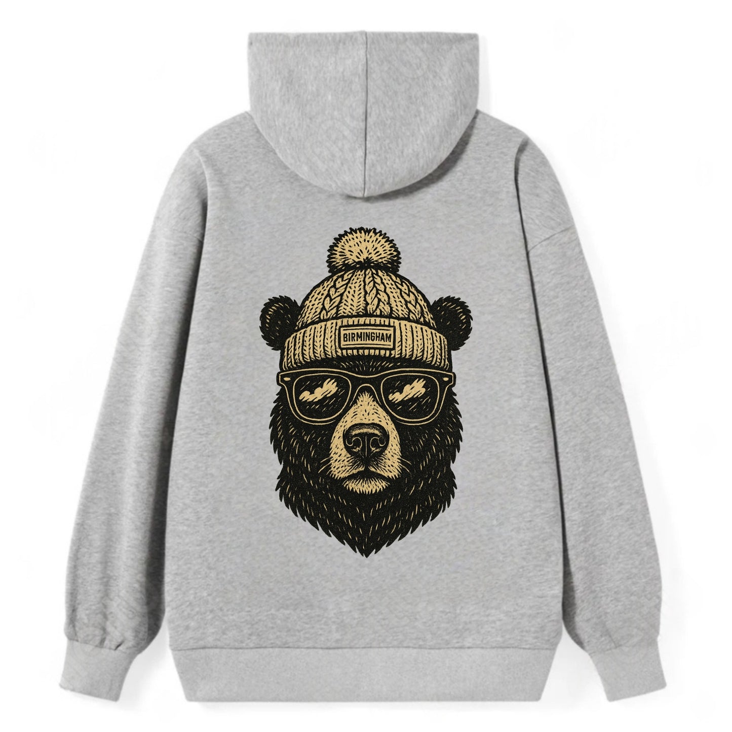 Alabama Black Bear wearing Birmingham beanie with pom pom and wayfarer - Classic Pullover Hoodie - Grey