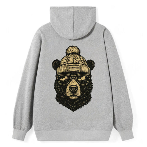 Alabama Black Bear wearing Birmingham beanie with pom pom and wayfarer - Classic Pullover Hoodie