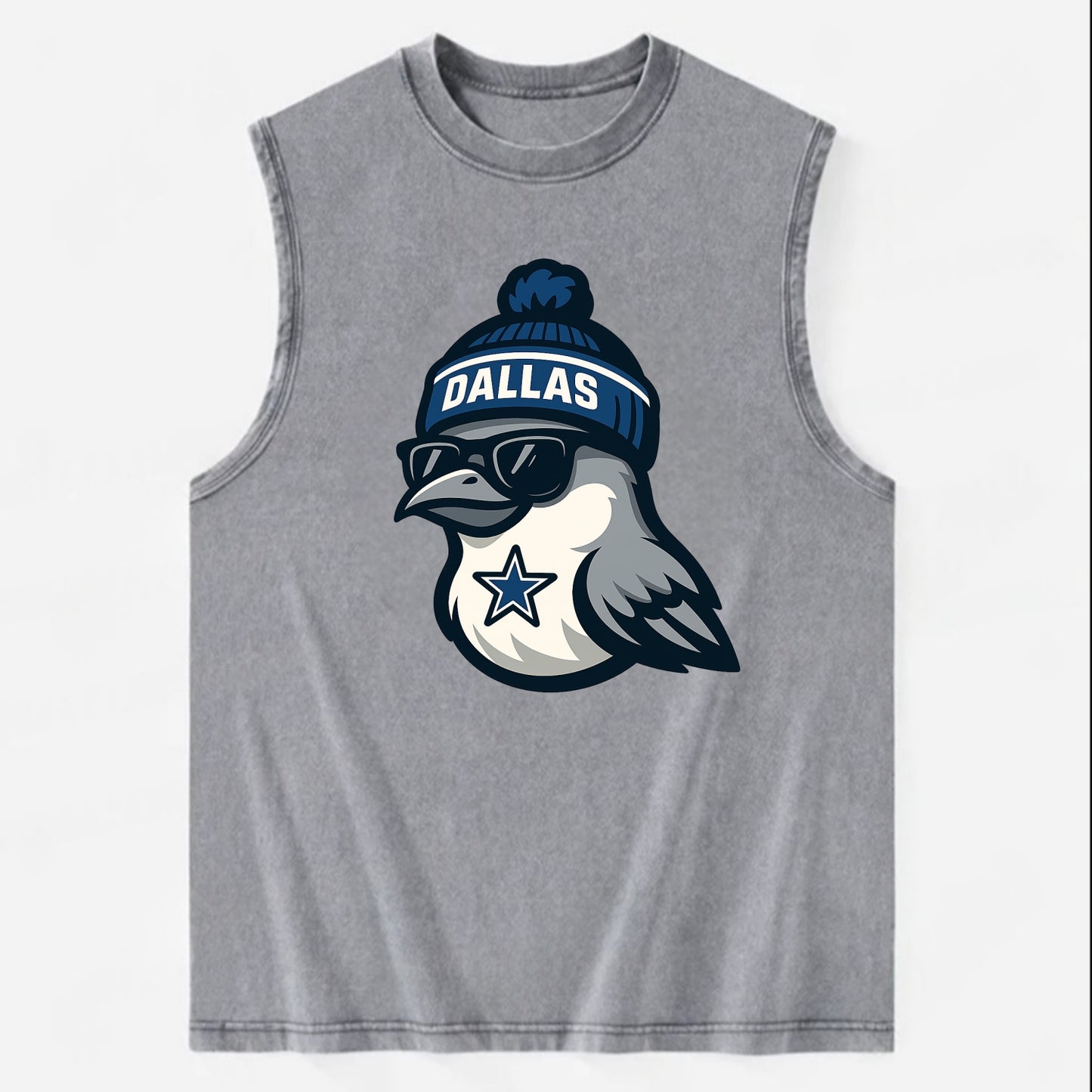 Dallas Mockingbird wearing Cowboys beanie with sheriff star and wayfarer - Vintage Washed Tank - Grey