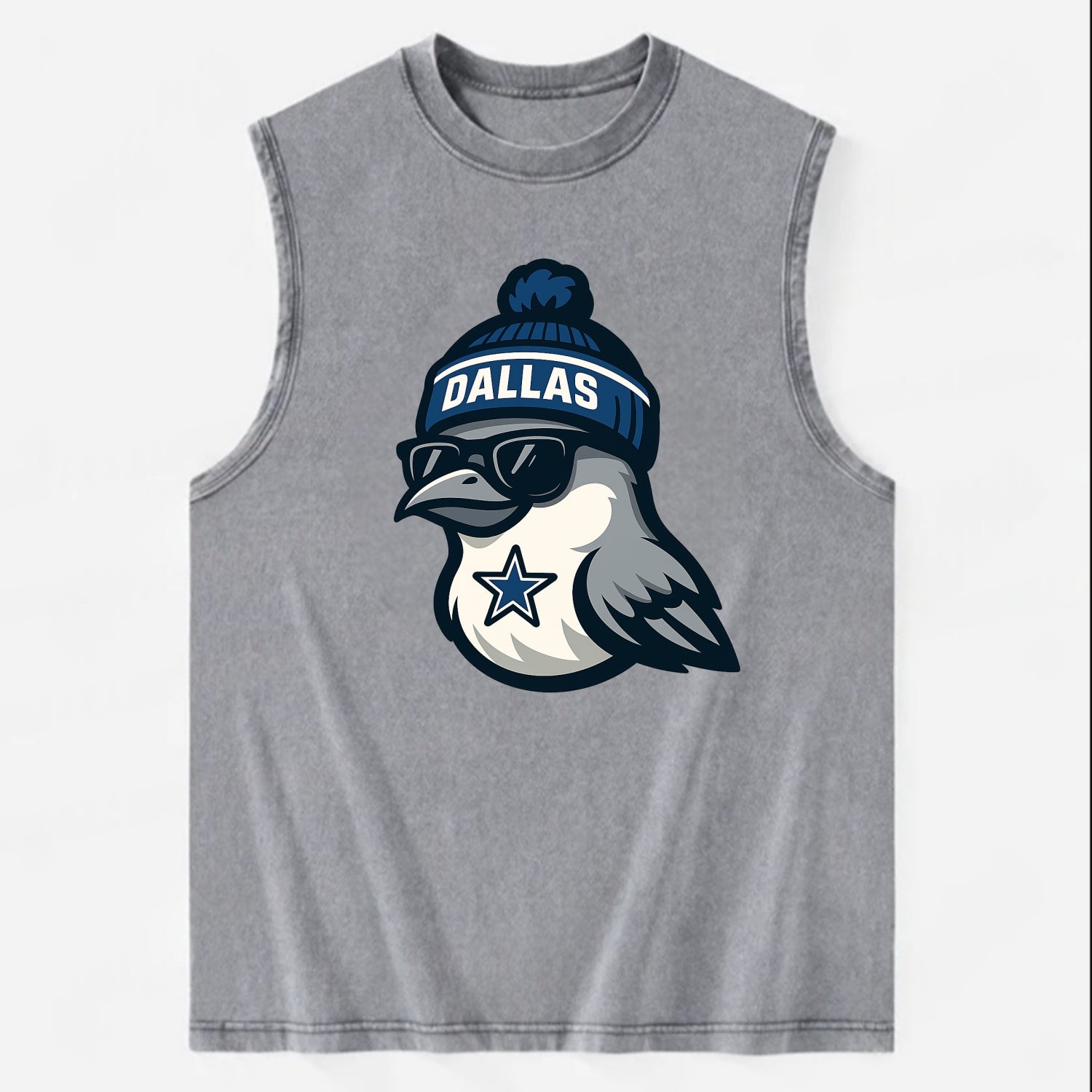Dallas Mockingbird wearing Cowboys beanie with sheriff star and wayfarer - Vintage Washed Tank - Grey
