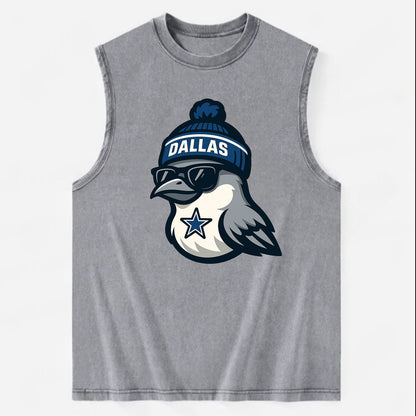 Dallas Mockingbird wearing Cowboys beanie with sheriff star and wayfarer - Vintage Washed Tank - Grey