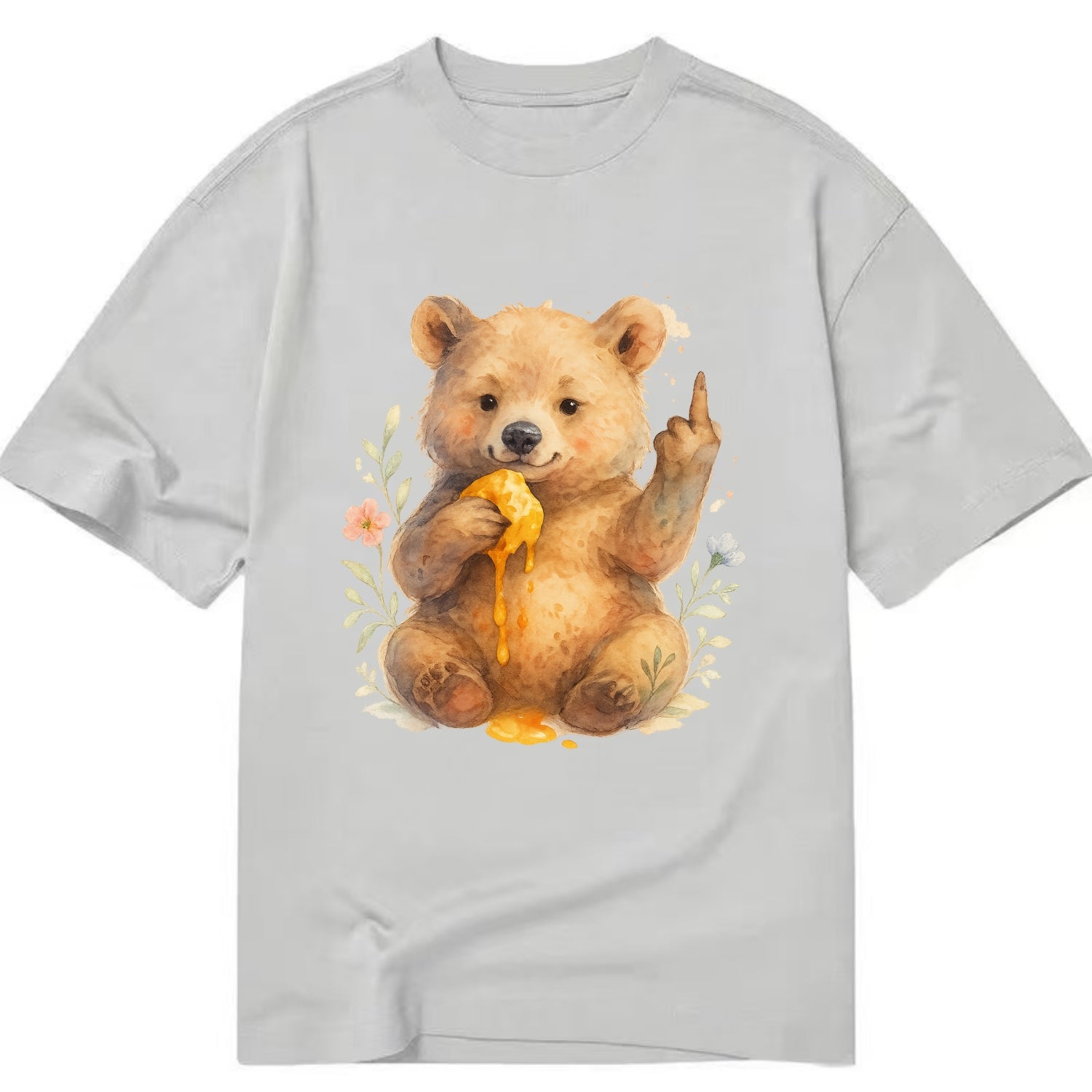 chubby bear cub eating dripping honey, sticky paw up with middle finger - Classic T-shirt - Grey