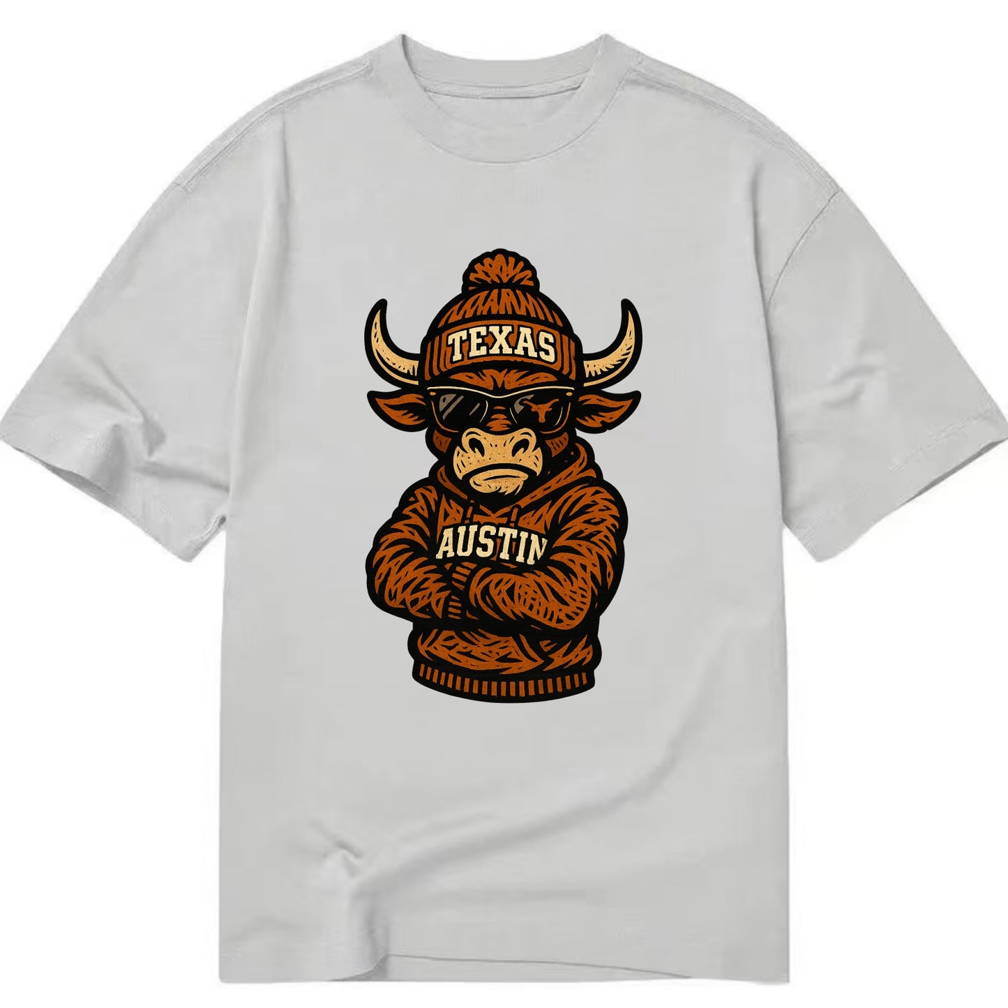 Austin Bevo wearing Texas beanie with longhorn patch - Classic T-shirt - Grey