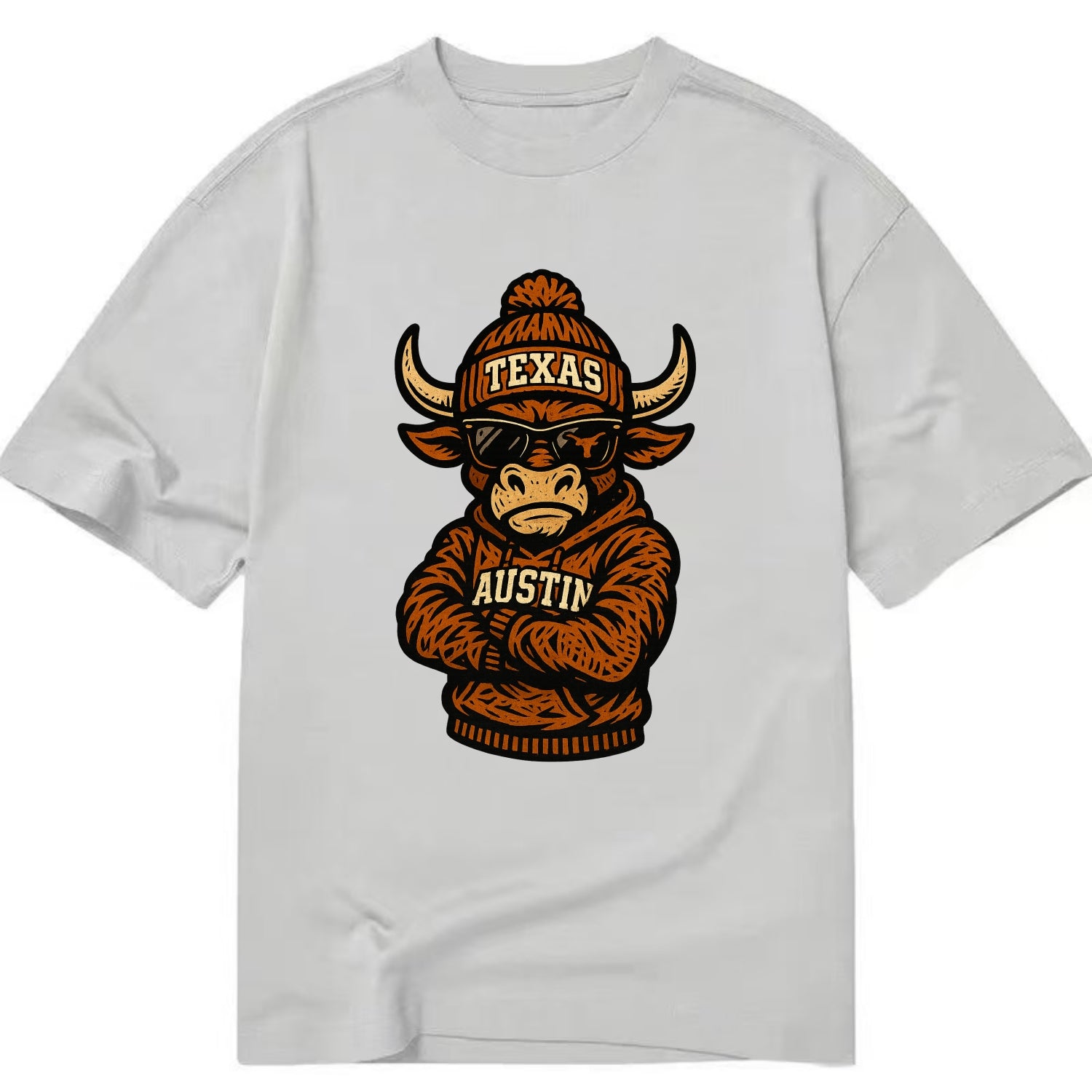 Austin Bevo wearing Texas beanie with longhorn patch - Classic T-shirt - Grey