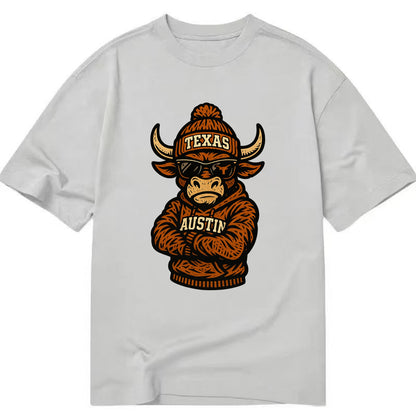Austin Bevo wearing Texas beanie with longhorn patch - Classic T-shirt - Grey