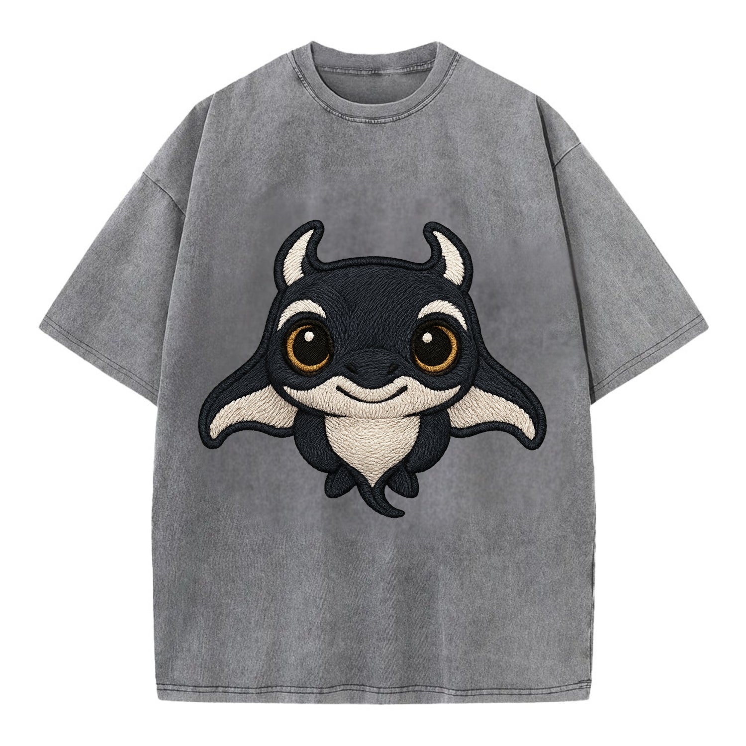 Baby Manta Ray - dark with white markings, cephalic fins, gentle eyes, - Vintage T-shirt - Grey