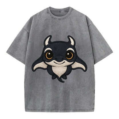 Baby Manta Ray - dark with white markings, cephalic fins, gentle eyes, - Vintage T-shirt - Grey