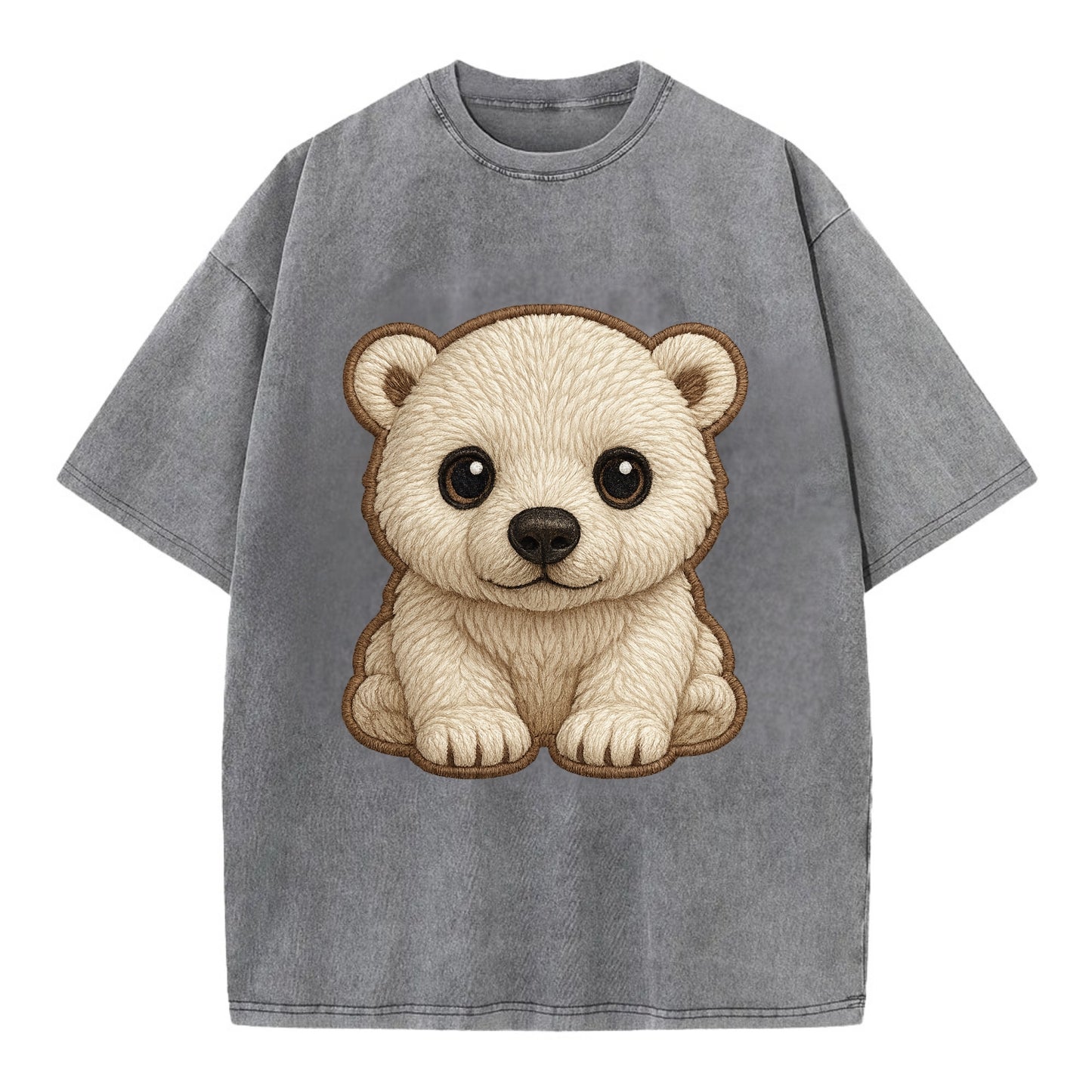 Baby Polar Bear Cub - white fluffy, black nose, dark curious eyes, front-facing, - Vintage T-shirt - Grey