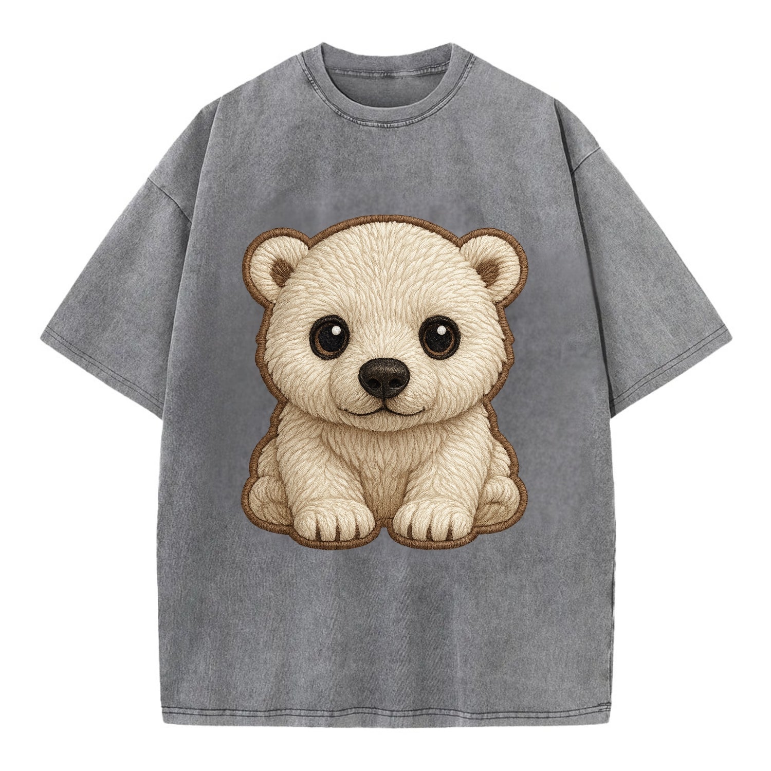 Baby Polar Bear Cub - white fluffy, black nose, dark curious eyes, front-facing, - Vintage T-shirt - Grey