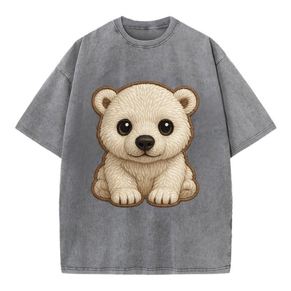 Baby Polar Bear Cub - white fluffy, black nose, dark curious eyes, front-facing, - Vintage T-shirt - Grey