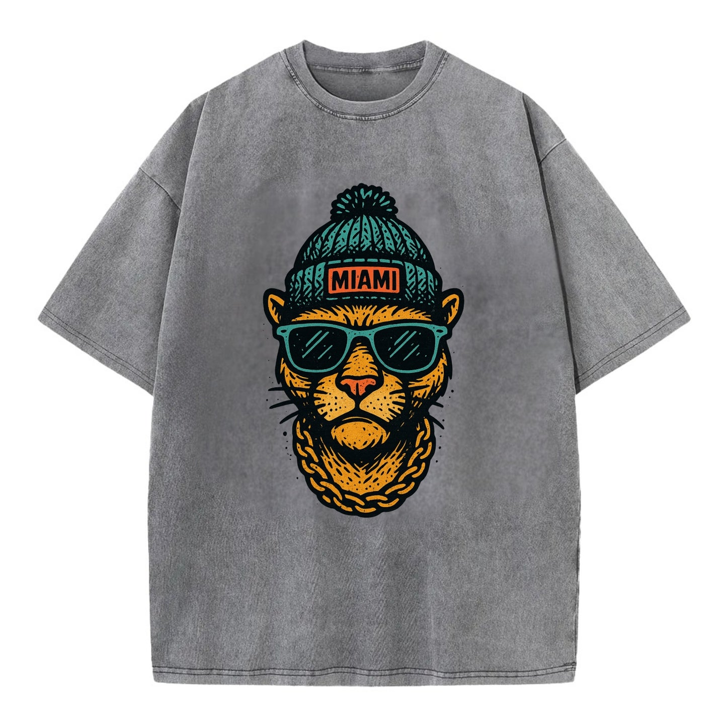 Florida Panther wearing Miami beanie with pom pom and wayfarer sunglasses - Vintage T-shirt - Grey