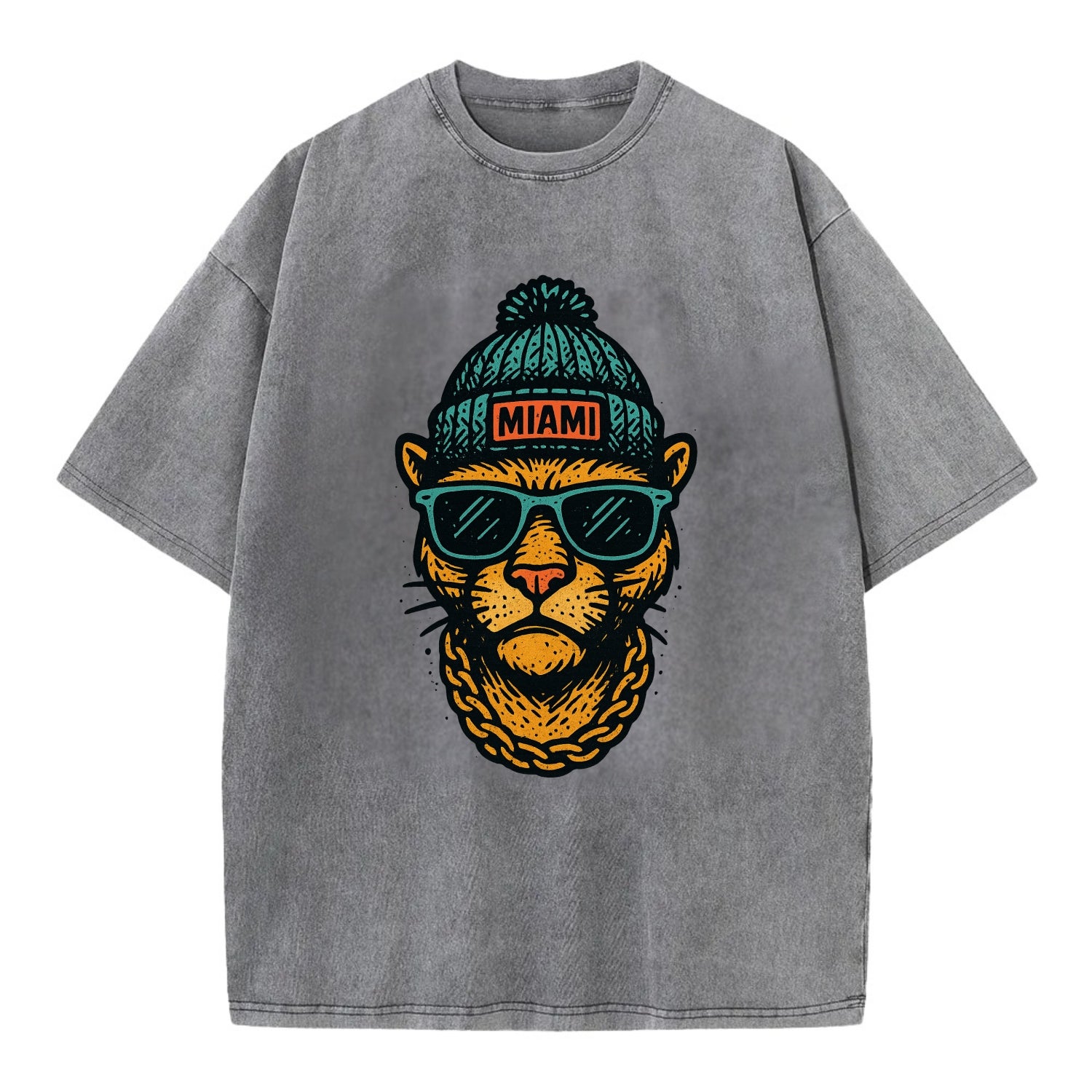 Florida Panther wearing Miami beanie with pom pom and wayfarer sunglasses - Vintage T-shirt - Grey