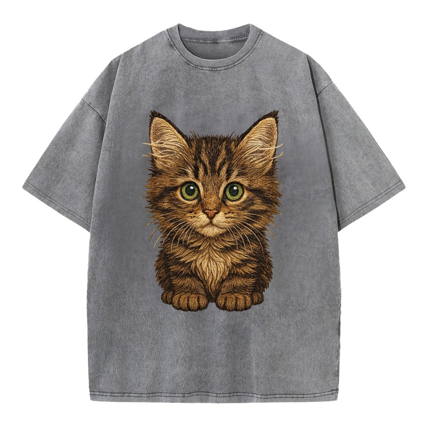 Baby Maine Coon Kitten - large fluffy tabby, tufted ears, big green eyes, - Vintage T-shirt - Grey