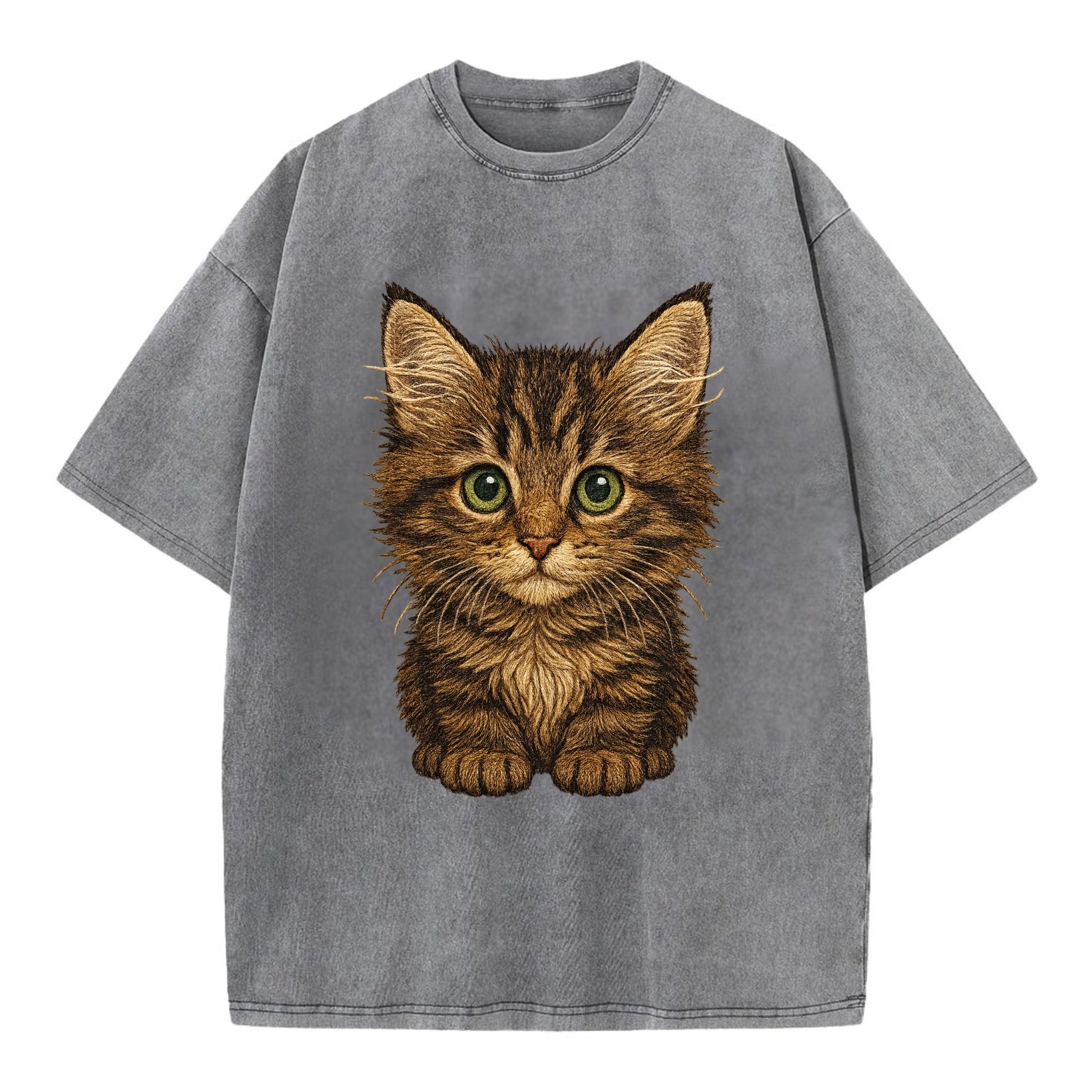 Baby Maine Coon Kitten - large fluffy tabby, tufted ears, big green eyes, - Vintage T-shirt - Grey