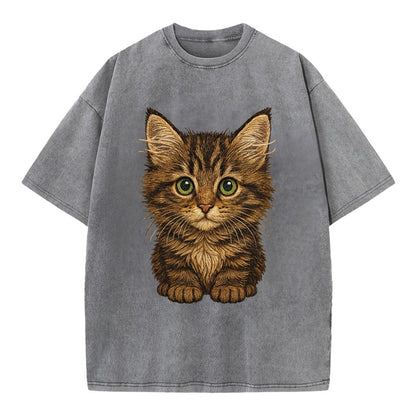 Baby Maine Coon Kitten - large fluffy tabby, tufted ears, big green eyes, - Vintage T-shirt - Grey