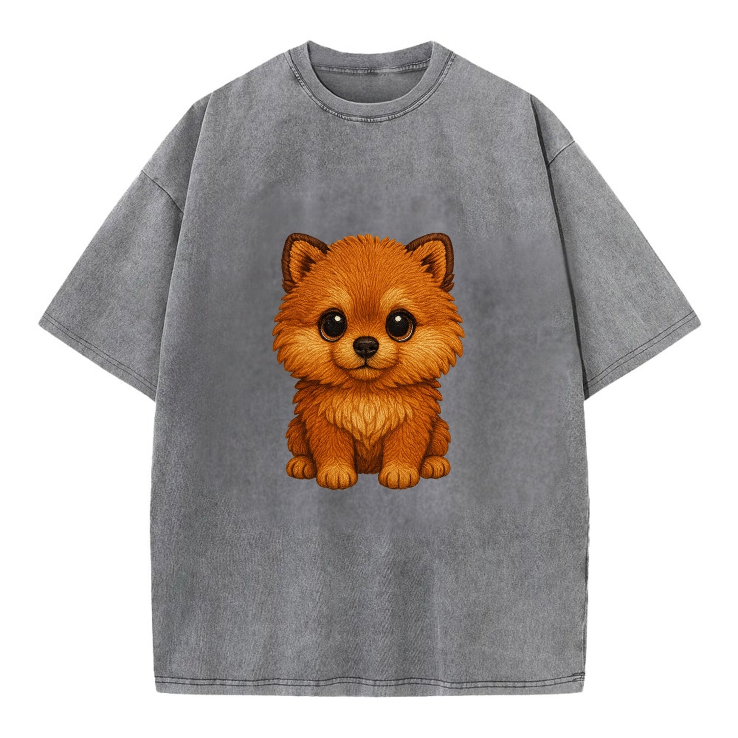 Baby Pomeranian Puppy - fluffy orange ball, fox face, tiny body, bright eyes, - Vintage T-shirt - Grey
