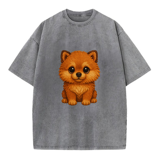 Baby Pomeranian Puppy - fluffy orange ball, fox face, tiny body, bright eyes, - Vintage T-shirt - Grey