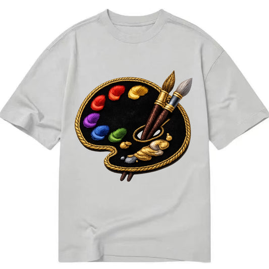 Embroidered patch design - PAINT PALETTE - artist palette with brushes in rainbow - Classic T-shirt - Grey