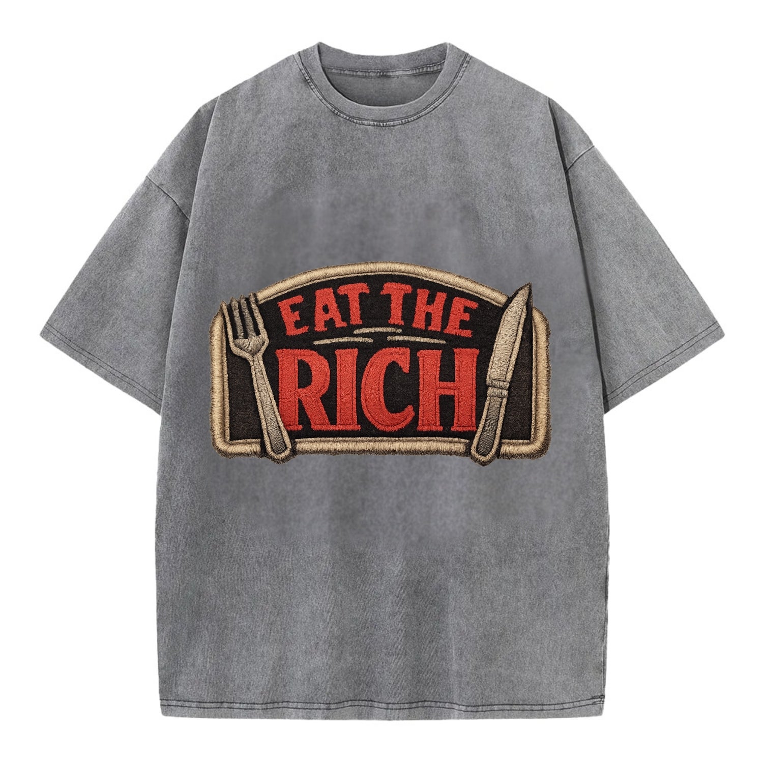 EAT THE RICH - fork and knife with text in red and silver , class war - Vintage T-shirt - Grey