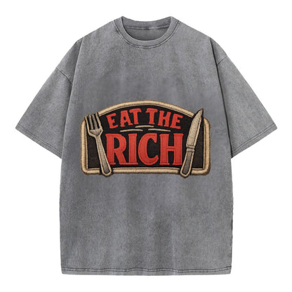 EAT THE RICH - fork and knife with text in red and silver , class war - Vintage T-shirt - Grey