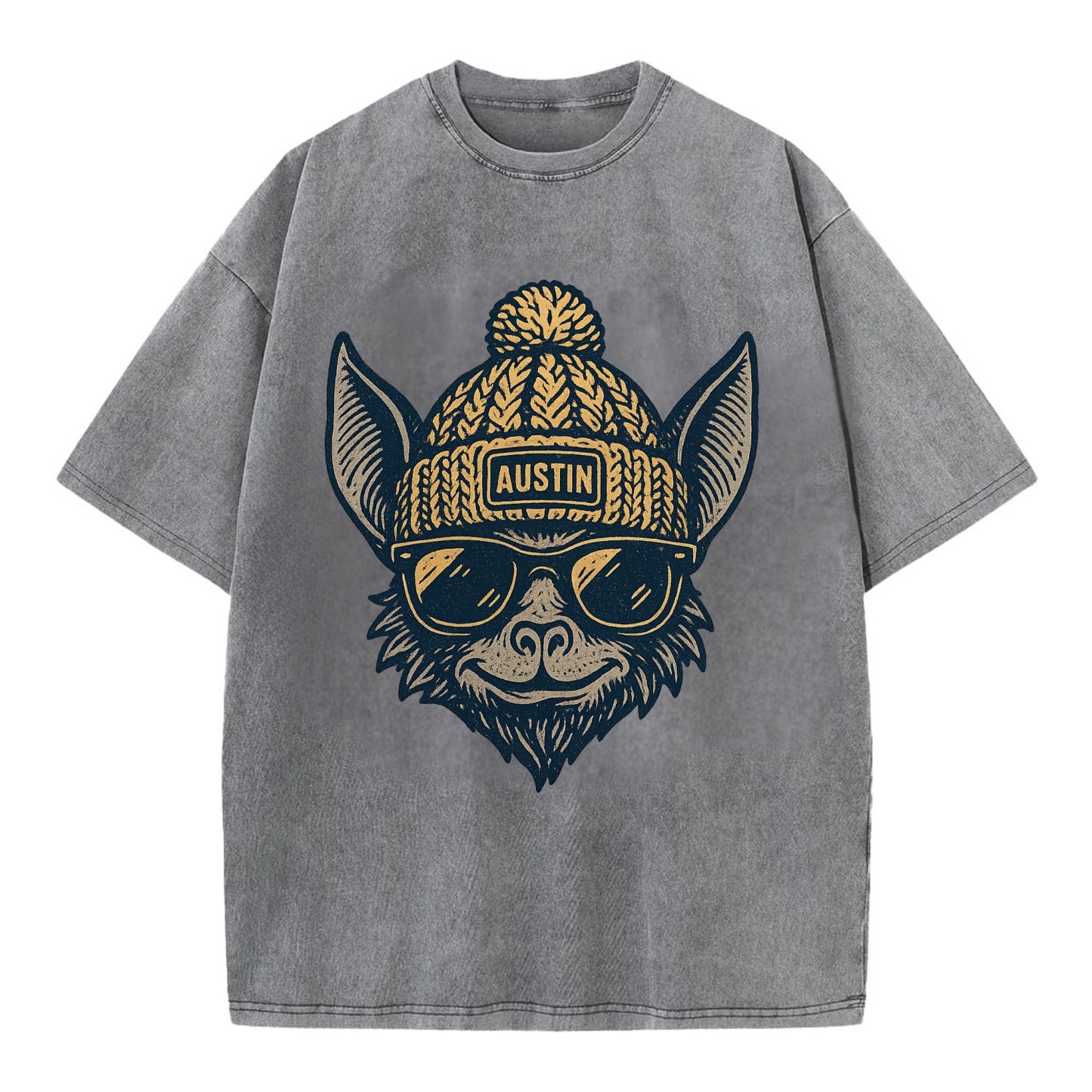Austin Bat wearing Austin beanie with pom pom and wayfarer sunglasses - Vintage T-shirt - Grey