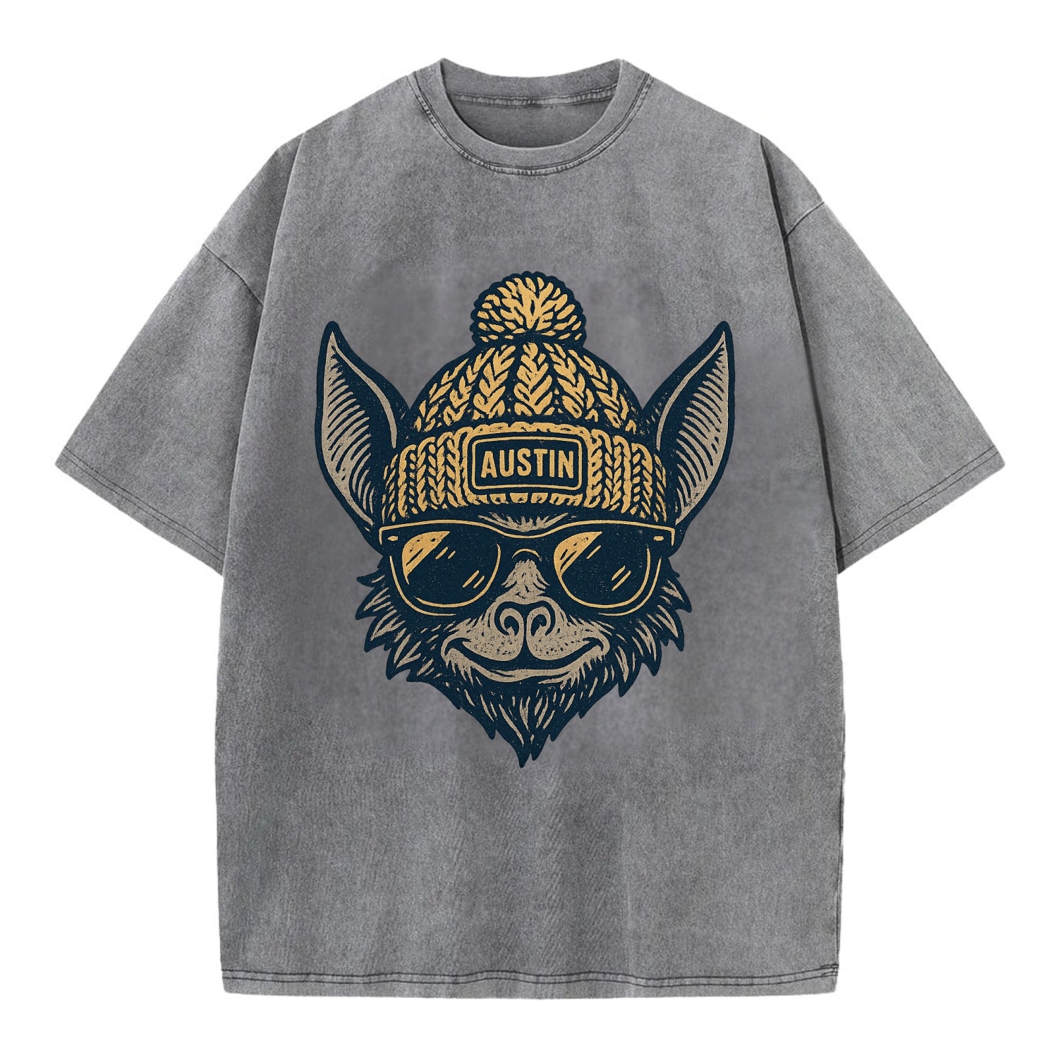 Austin Bat wearing Austin beanie with pom pom and wayfarer sunglasses - Vintage T-shirt - Grey