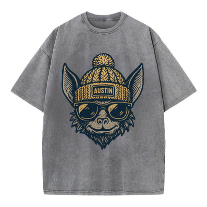 Austin Bat wearing Austin beanie with pom pom and wayfarer sunglasses - Vintage T-shirt - Grey