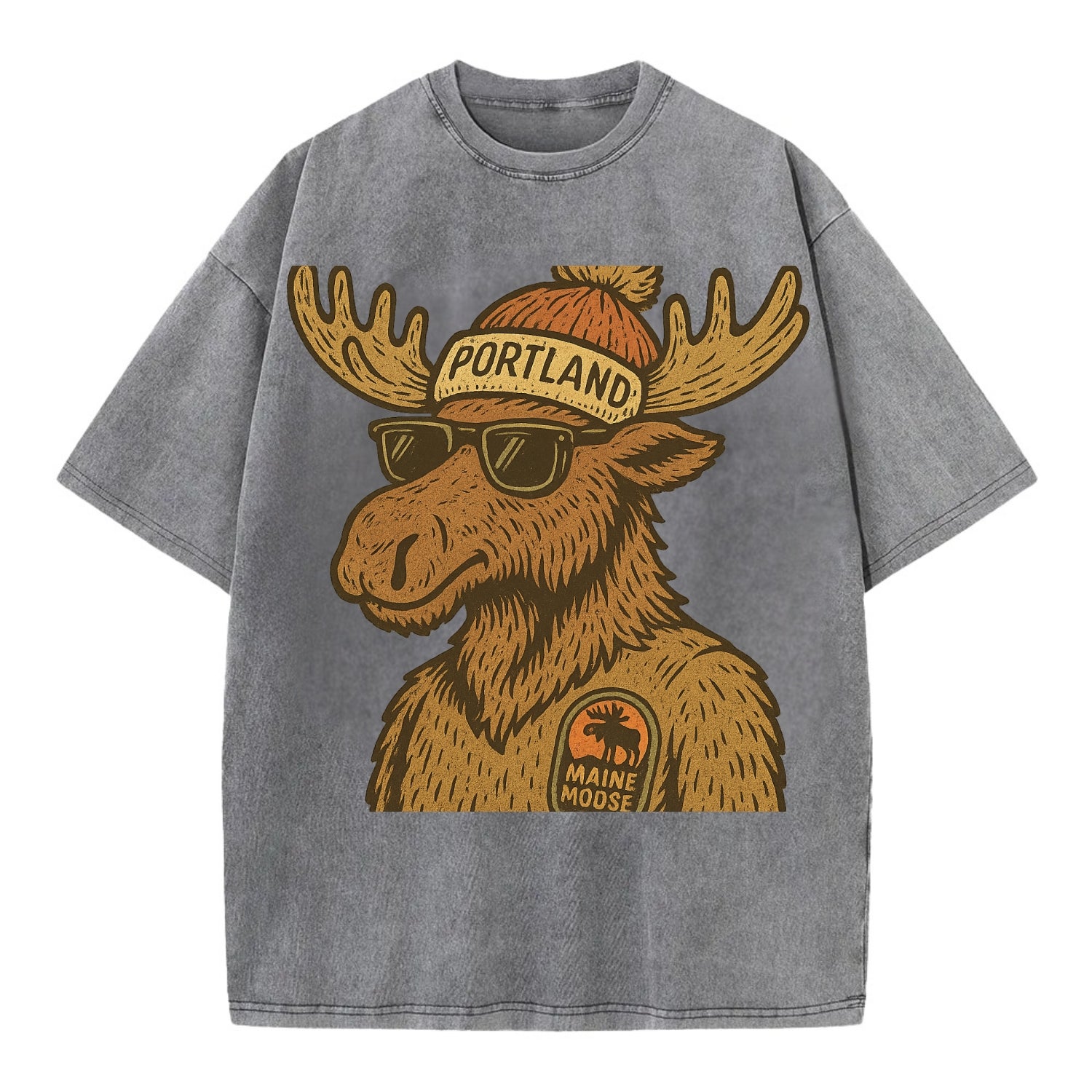Maine Moose wearing Portland beanie with pom pom and wayfarer sunglasses - Vintage T-shirt - Grey