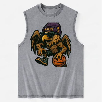 Los Angeles Golden Eagle wearing Lakers beanie with trophy patch and wayfarer - Vintage Washed Tank - Grey