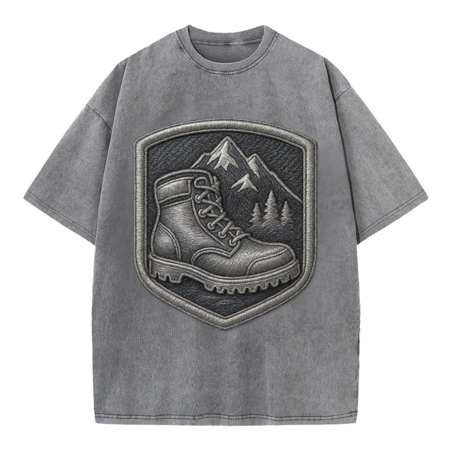 Hiking boots with mountain peak - hiker pride - Vintage T-shirt - Grey