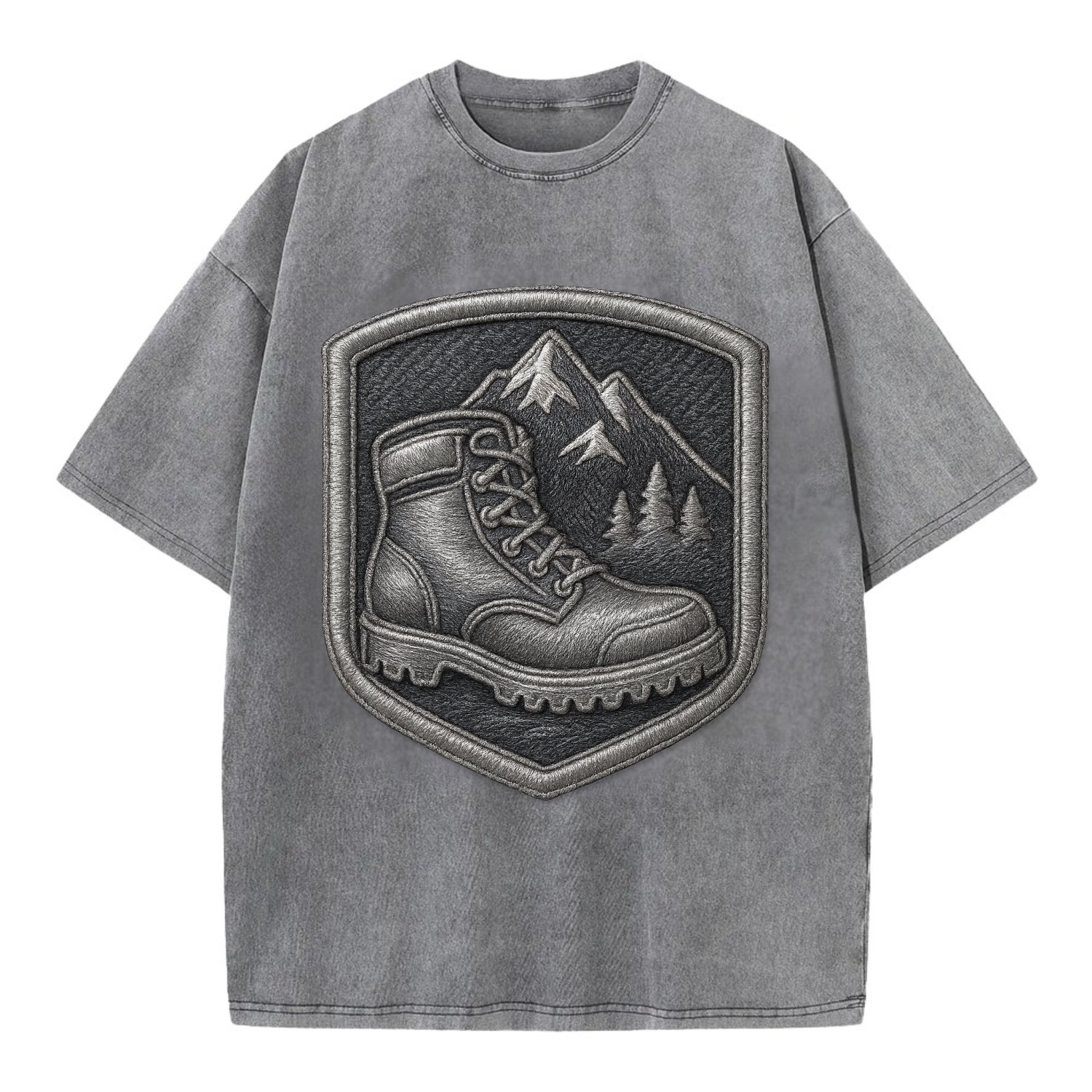 Hiking boots with mountain peak - hiker pride - Vintage T-shirt - Grey