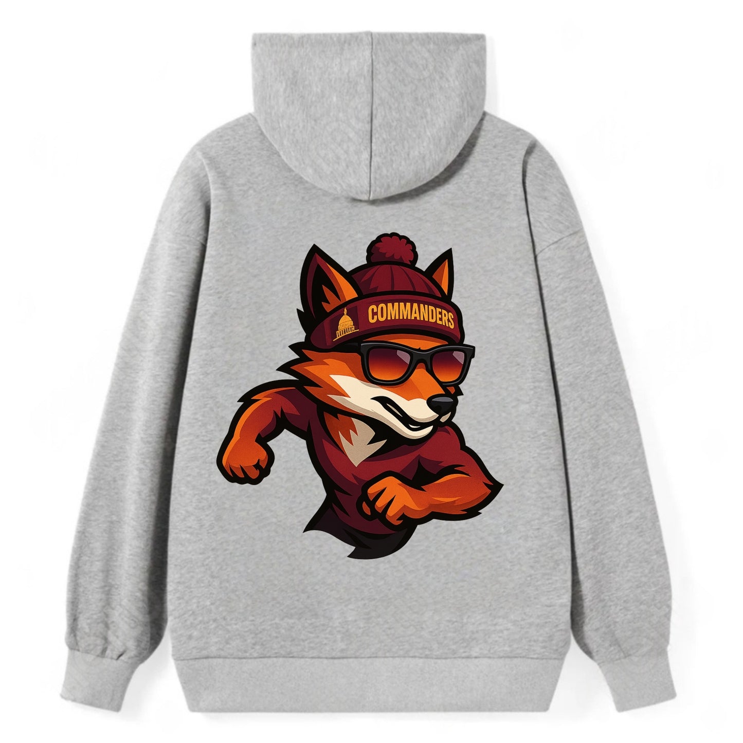 Washington Fox wearing Commanders beanie with Capitol patch and wayfarer - Classic Pullover Hoodie - Grey