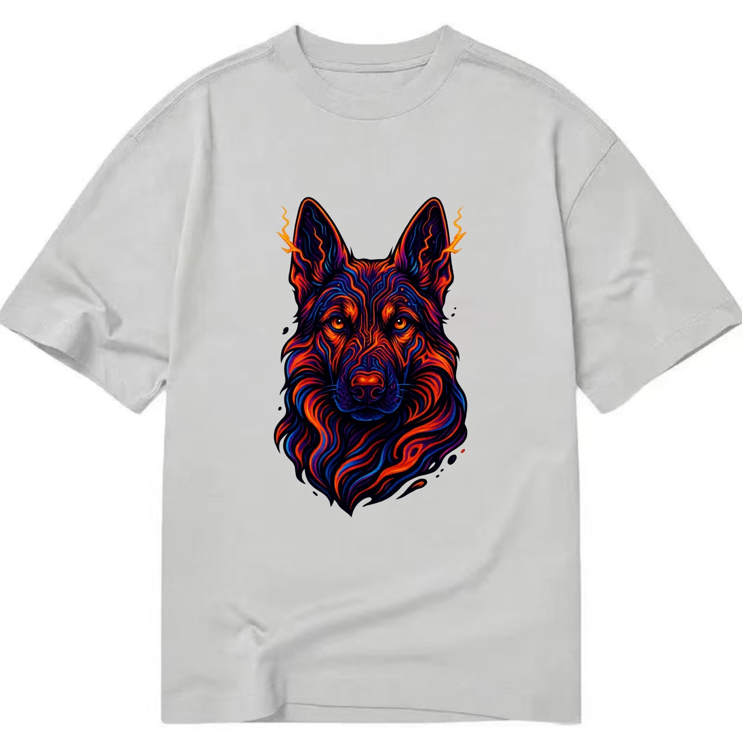 Alert German Shepherd with cyber circuit patterns in the fur, neon orange and - Classic T-shirt - Grey