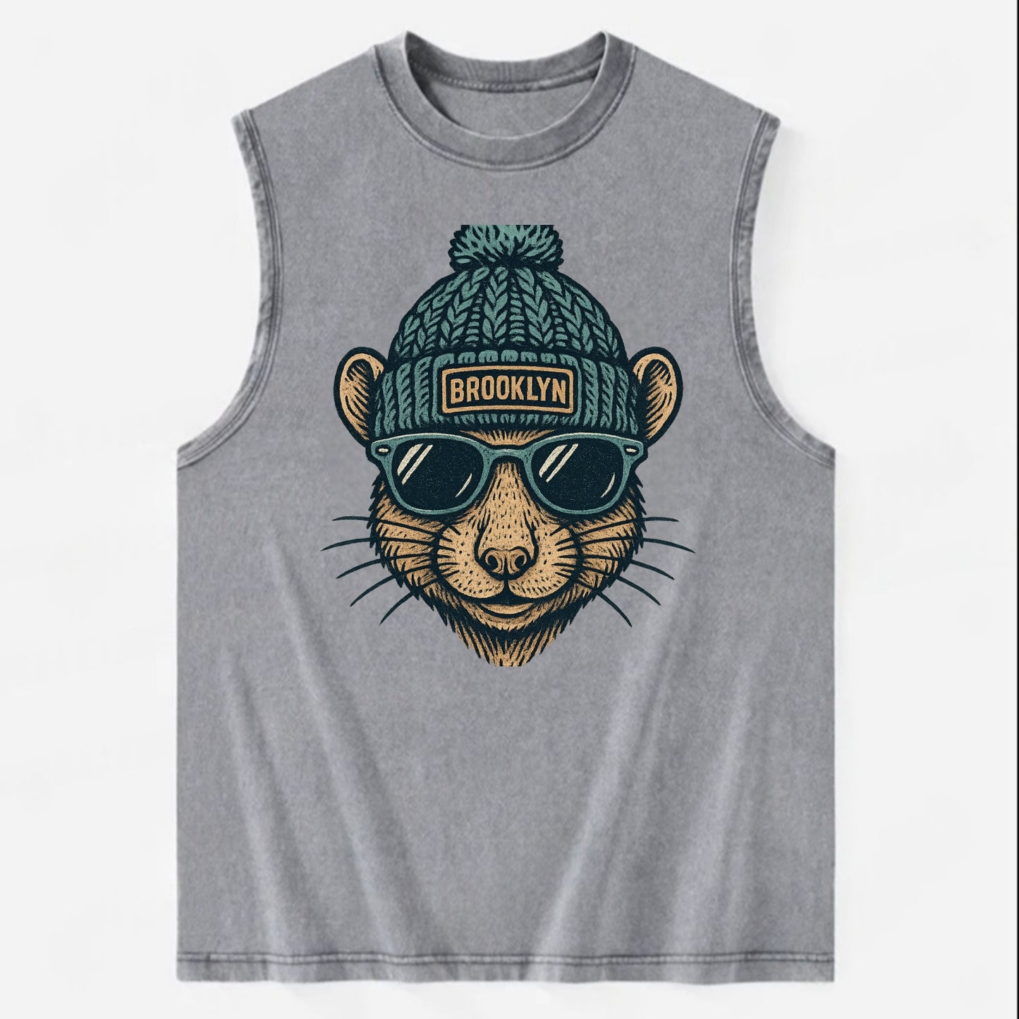 NYC Rat wearing Brooklyn beanie with pom pom and wayfarer sunglasses - Vintage Washed Tank - Grey