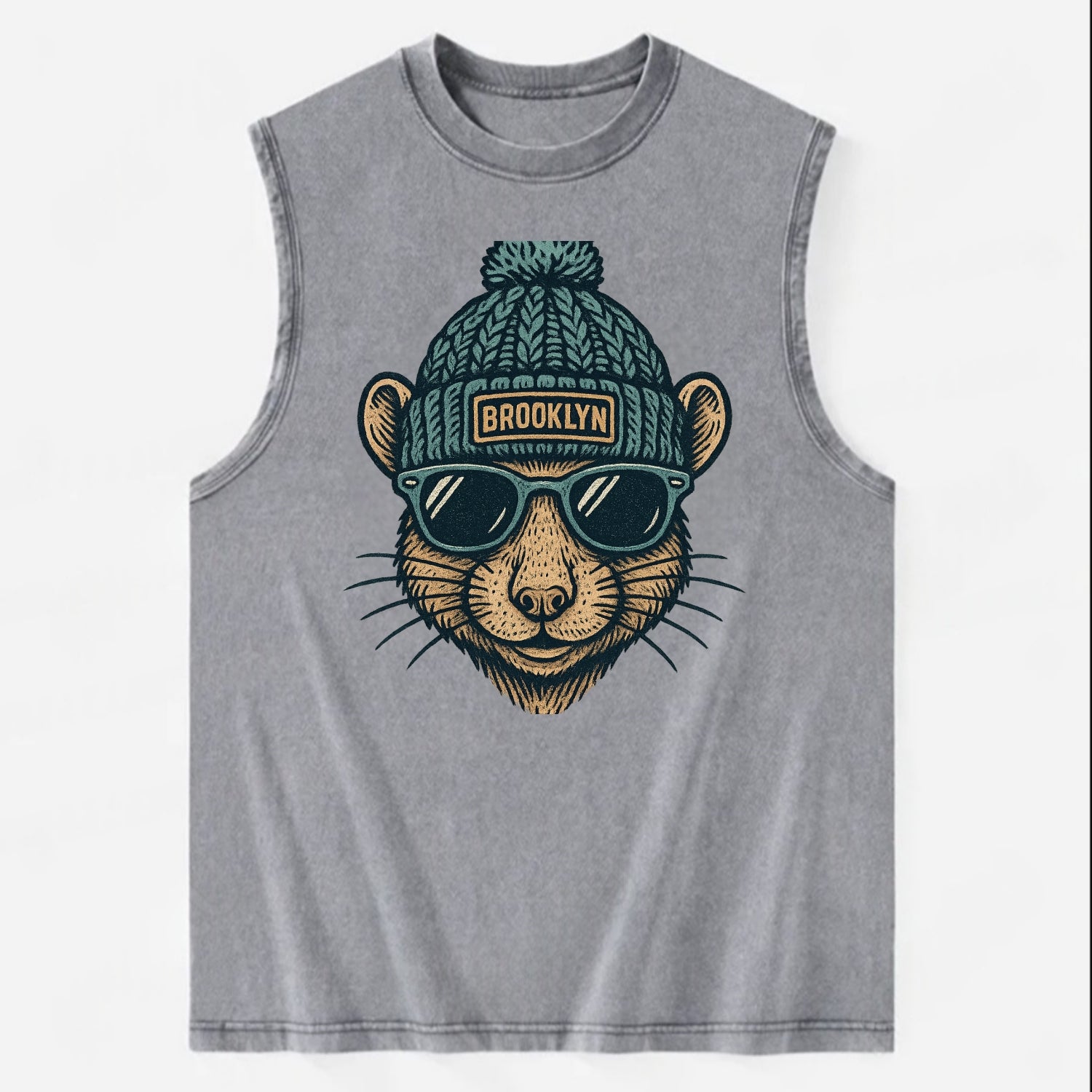 NYC Rat wearing Brooklyn beanie with pom pom and wayfarer sunglasses - Vintage Washed Tank - Grey