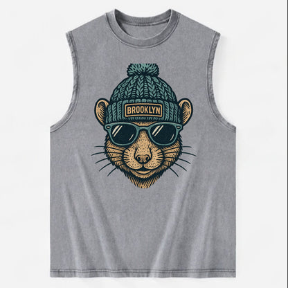 NYC Rat wearing Brooklyn beanie with pom pom and wayfarer sunglasses - Vintage Washed Tank - Grey