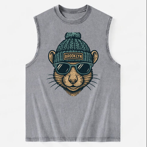 NYC Rat wearing Brooklyn beanie with pom pom and wayfarer sunglasses - Vintage Washed Tank