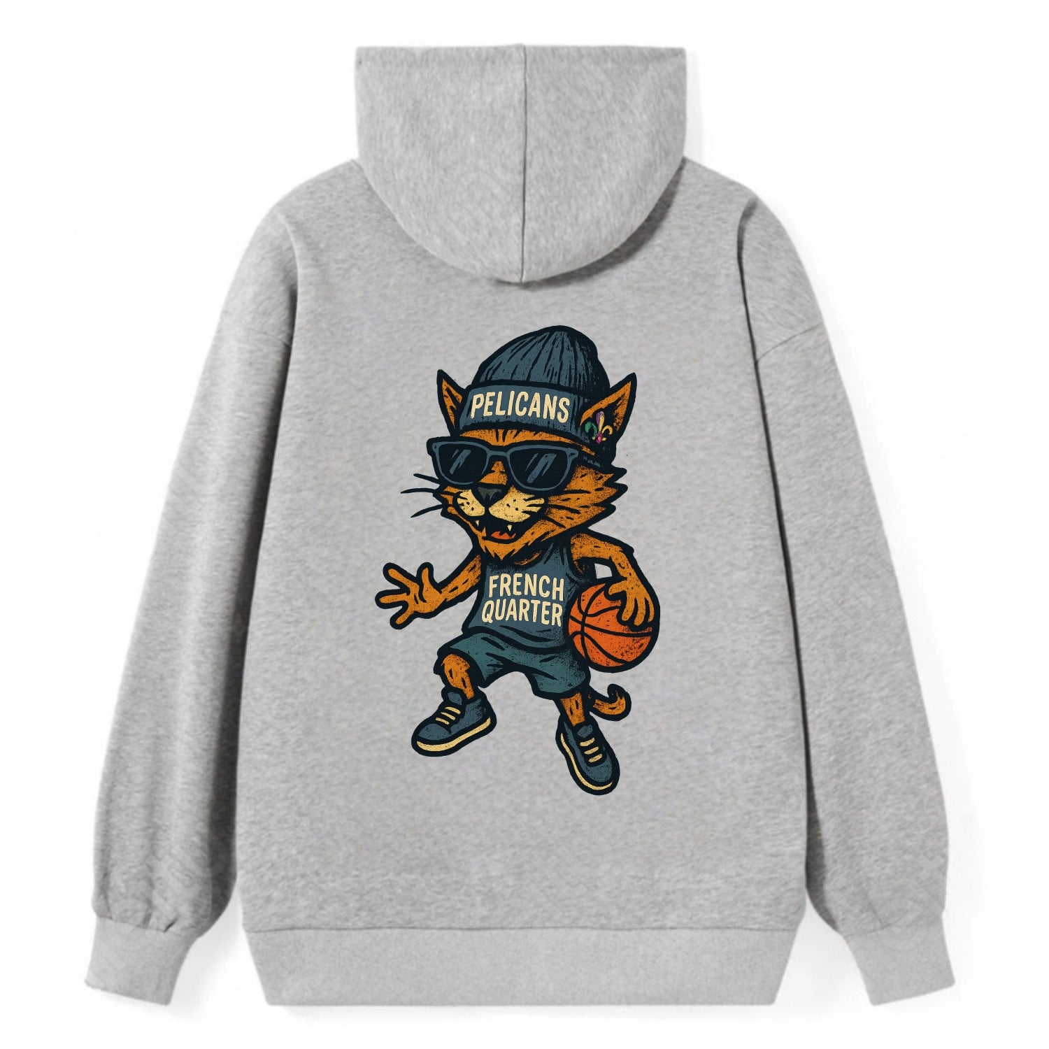 French Quarter Cat wearing Pelicans beanie with Mardi Gras patch and - Classic Pullover Hoodie - Grey