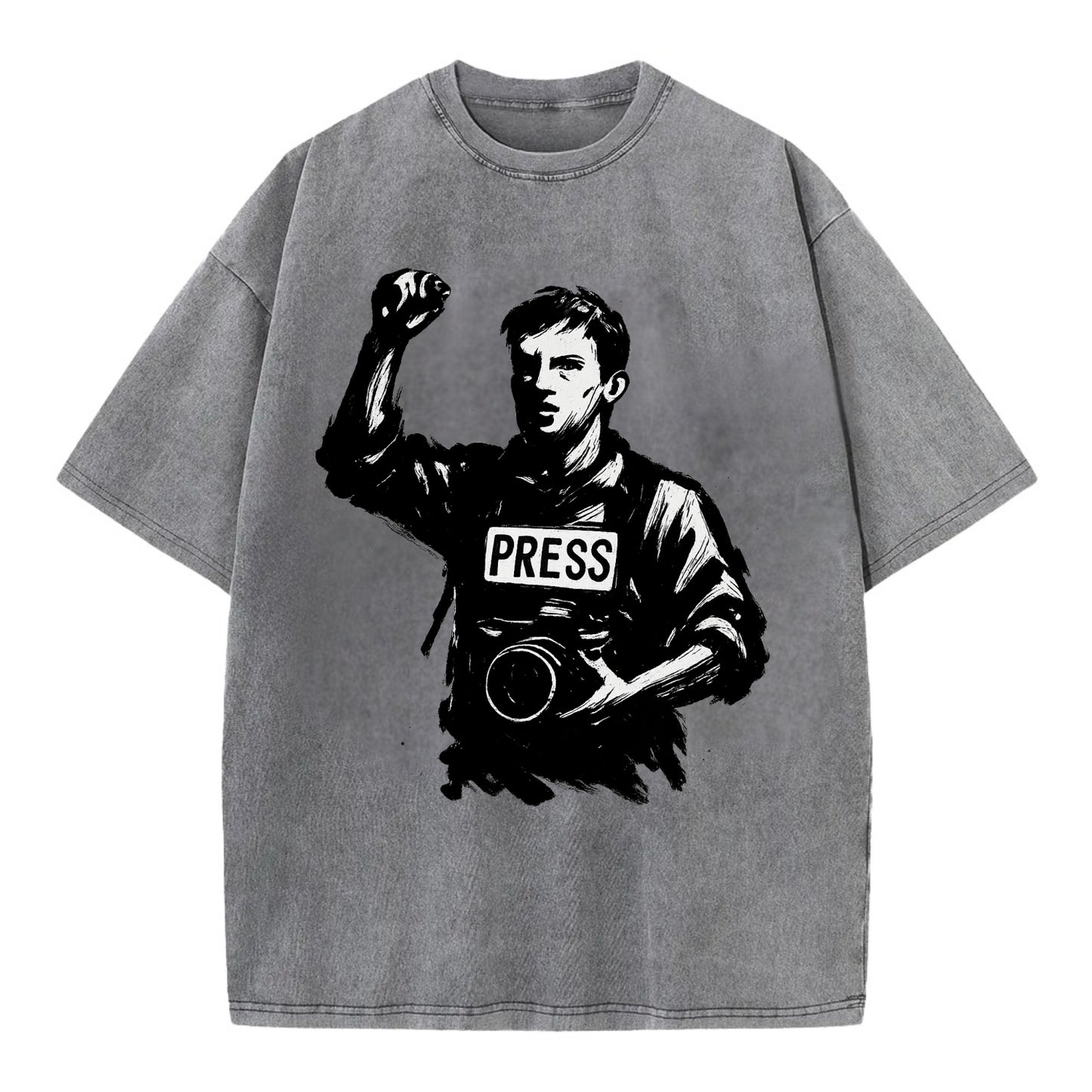 Journalist with camera - press freedom ink painting - Vintage T-shirt - Grey