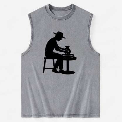 Potter shaping clay on wheel - Vintage Washed Tank - Grey