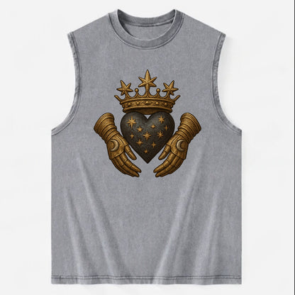 Ice crystal crown framing a frosted heart with fur-trimmed winter hands - Vintage Washed Tank - Grey