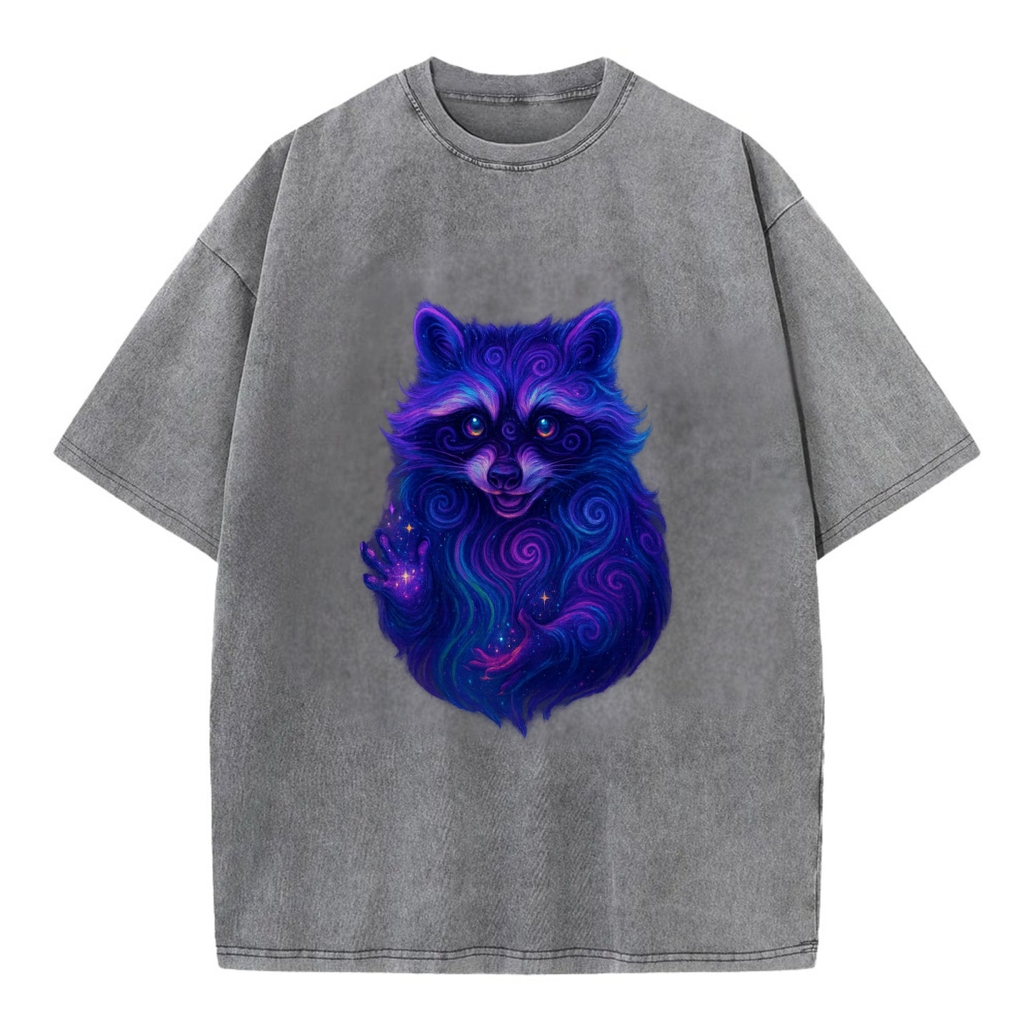 Playful raccoon with mask swirling in hypnotic patterns, neon purple and green - Vintage T-shirt - Grey
