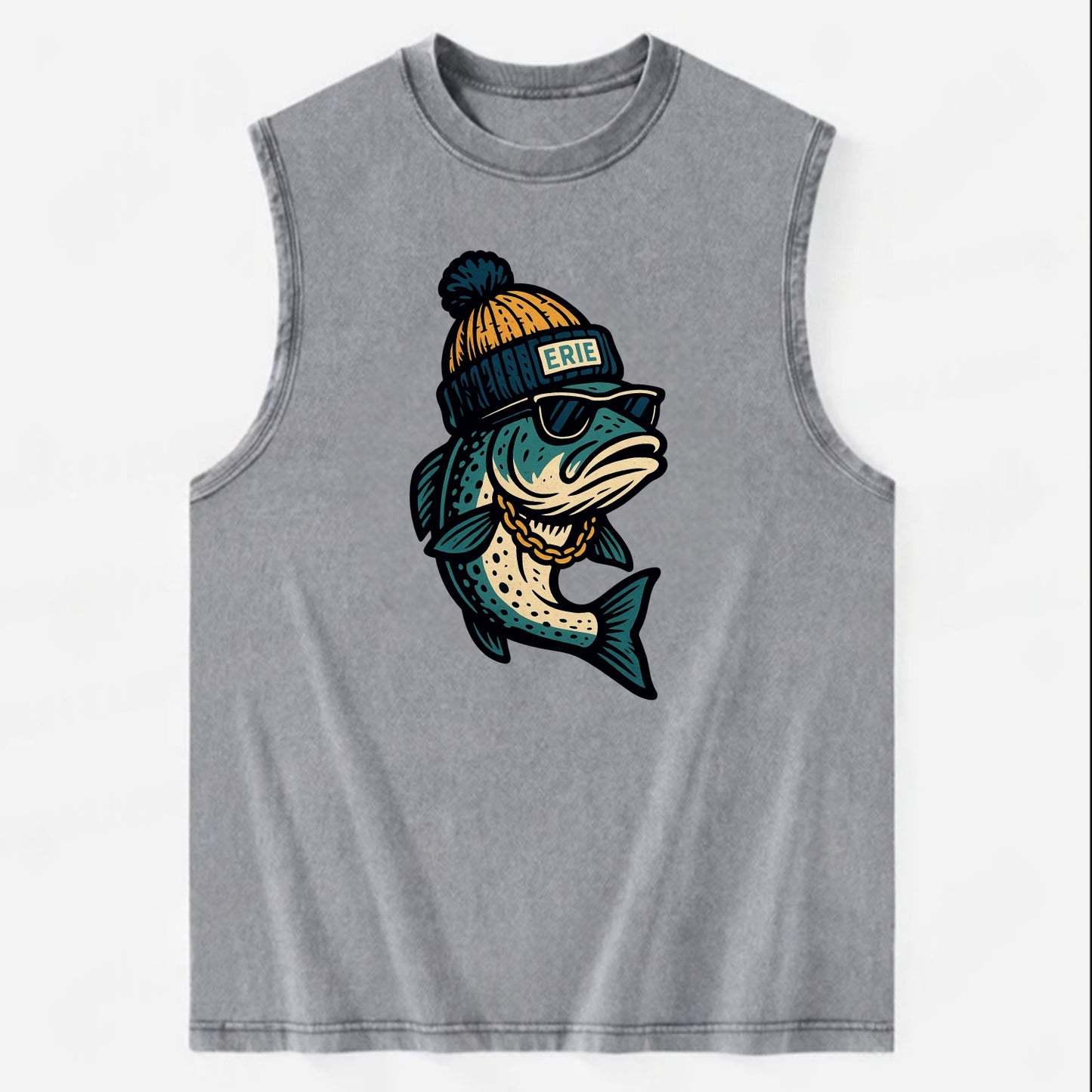 Erie Lake Trout wearing Erie beanie with - Vintage Washed Tank - Grey