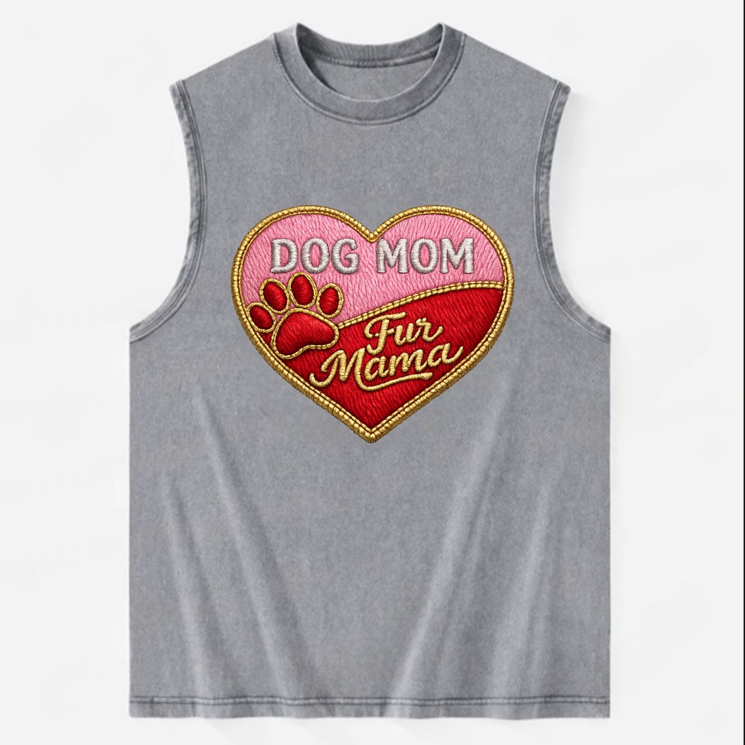 DOG MOM HEART - heart with paw print in pink and red , fur mama - Vintage Washed Tank - Grey