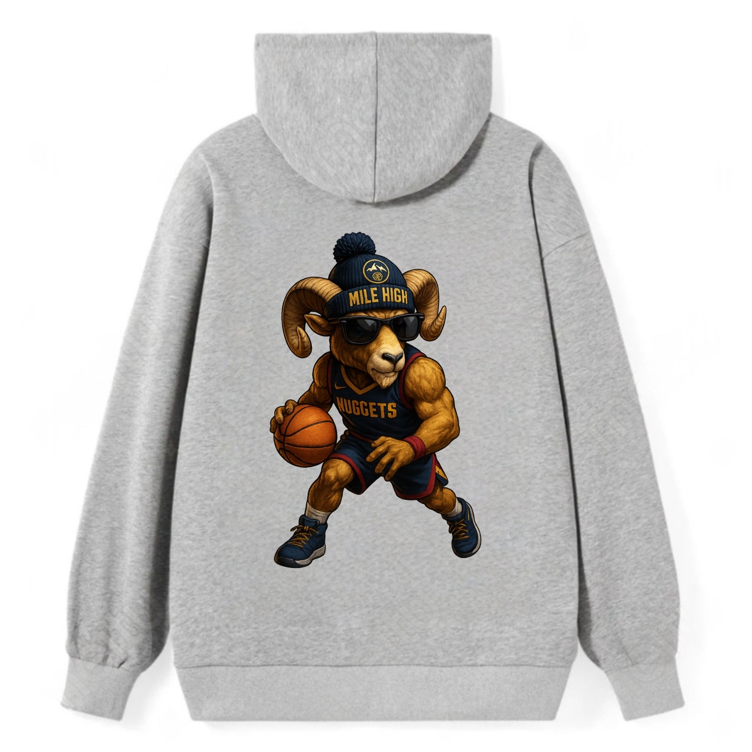 Mile High Bighorn wearing Nuggets beanie with mountain patch and wayfarer - Classic Pullover Hoodie - Grey
