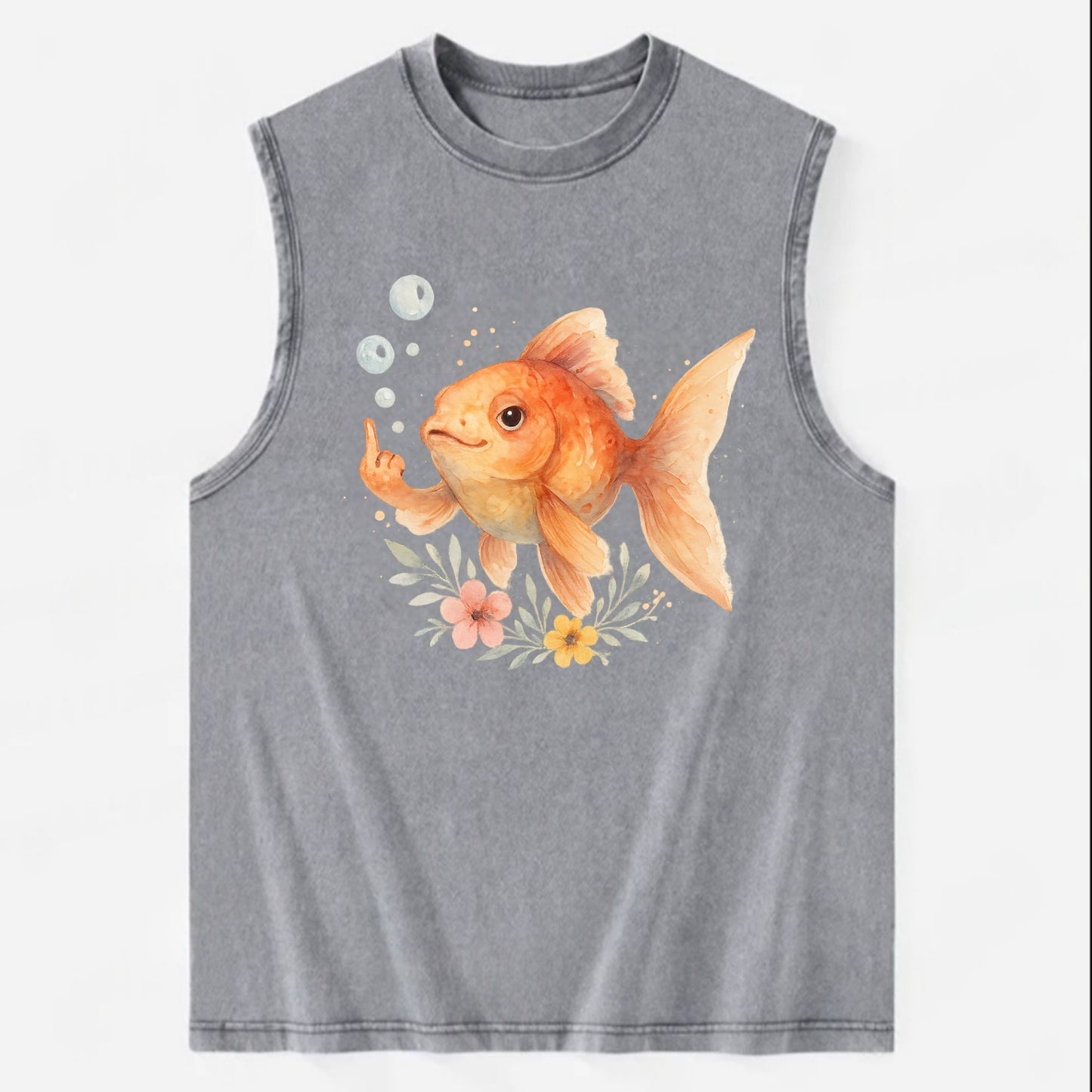chubby goldfish blowing bubbles, one fin extended like middle finger - Vintage Washed Tank - Grey
