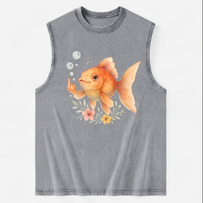 chubby goldfish blowing bubbles, one fin extended like middle finger - Vintage Washed Tank - Grey
