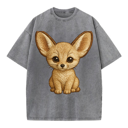 Baby Fennec Fox - huge ears, cream fur, large dark eyes, front-facing, desert baby - Vintage T-shirt - Grey