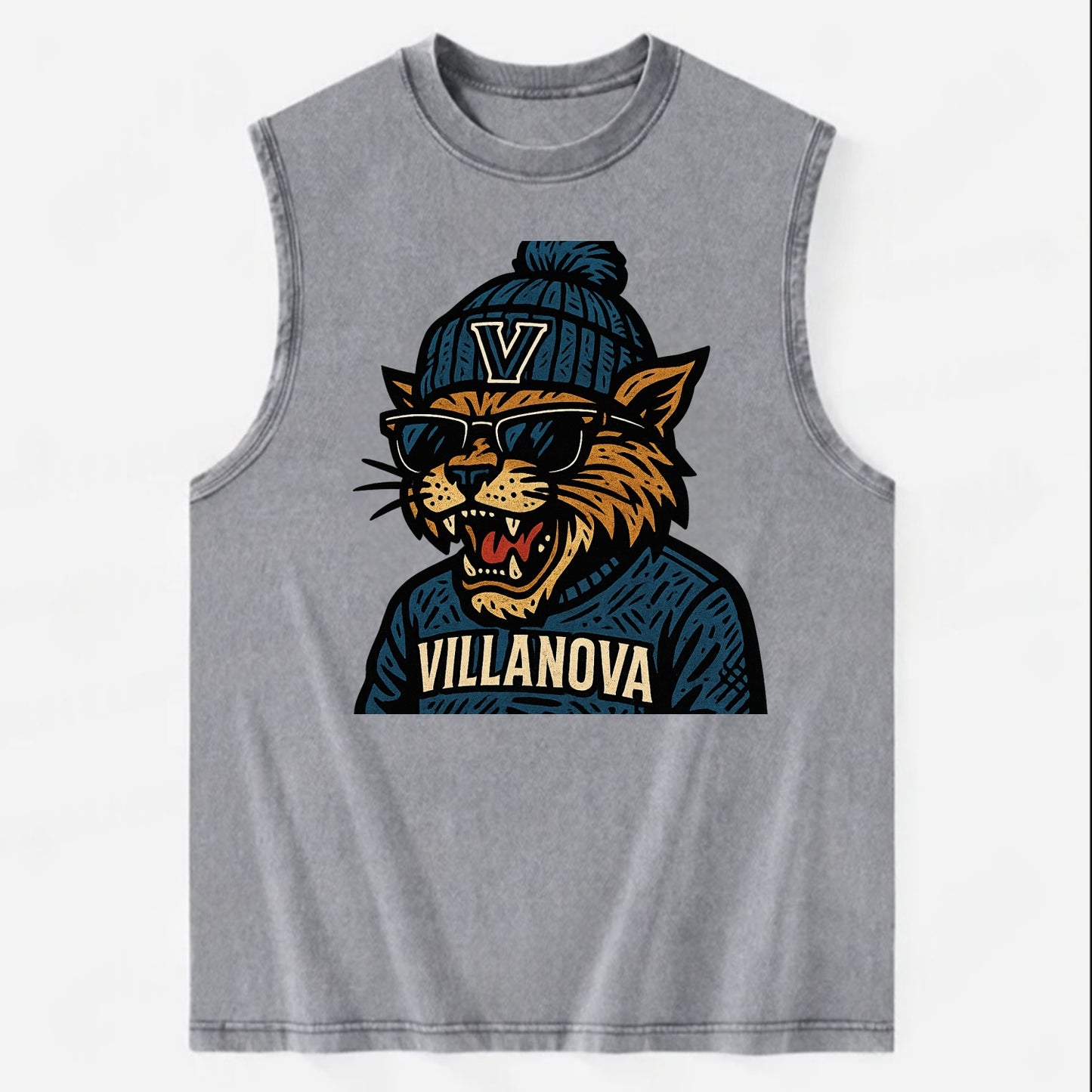 Villanova Wildcat wearing Villanova beanie with V patch - Vintage Washed Tank - Grey