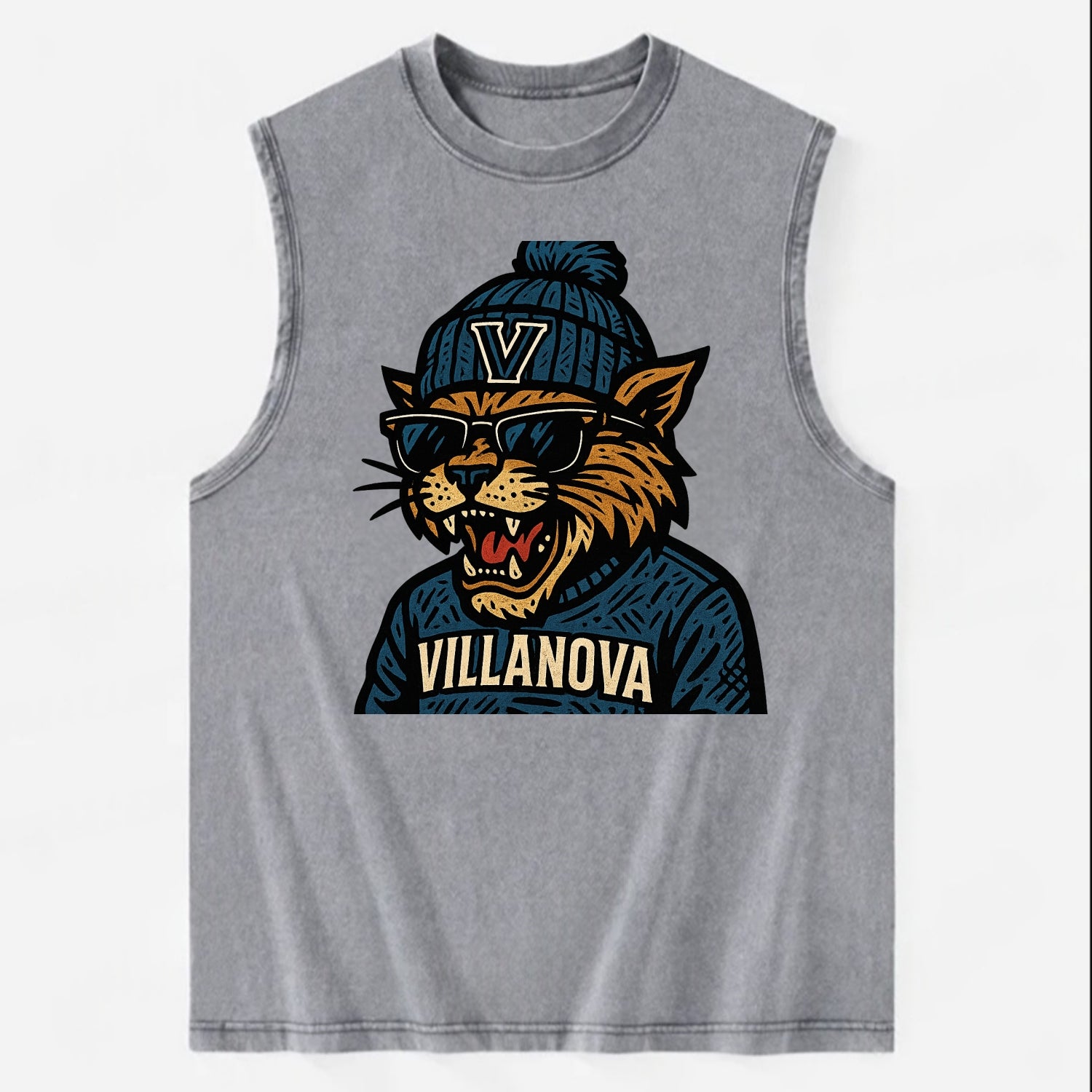 Villanova Wildcat wearing Villanova beanie with V patch - Vintage Washed Tank - Grey